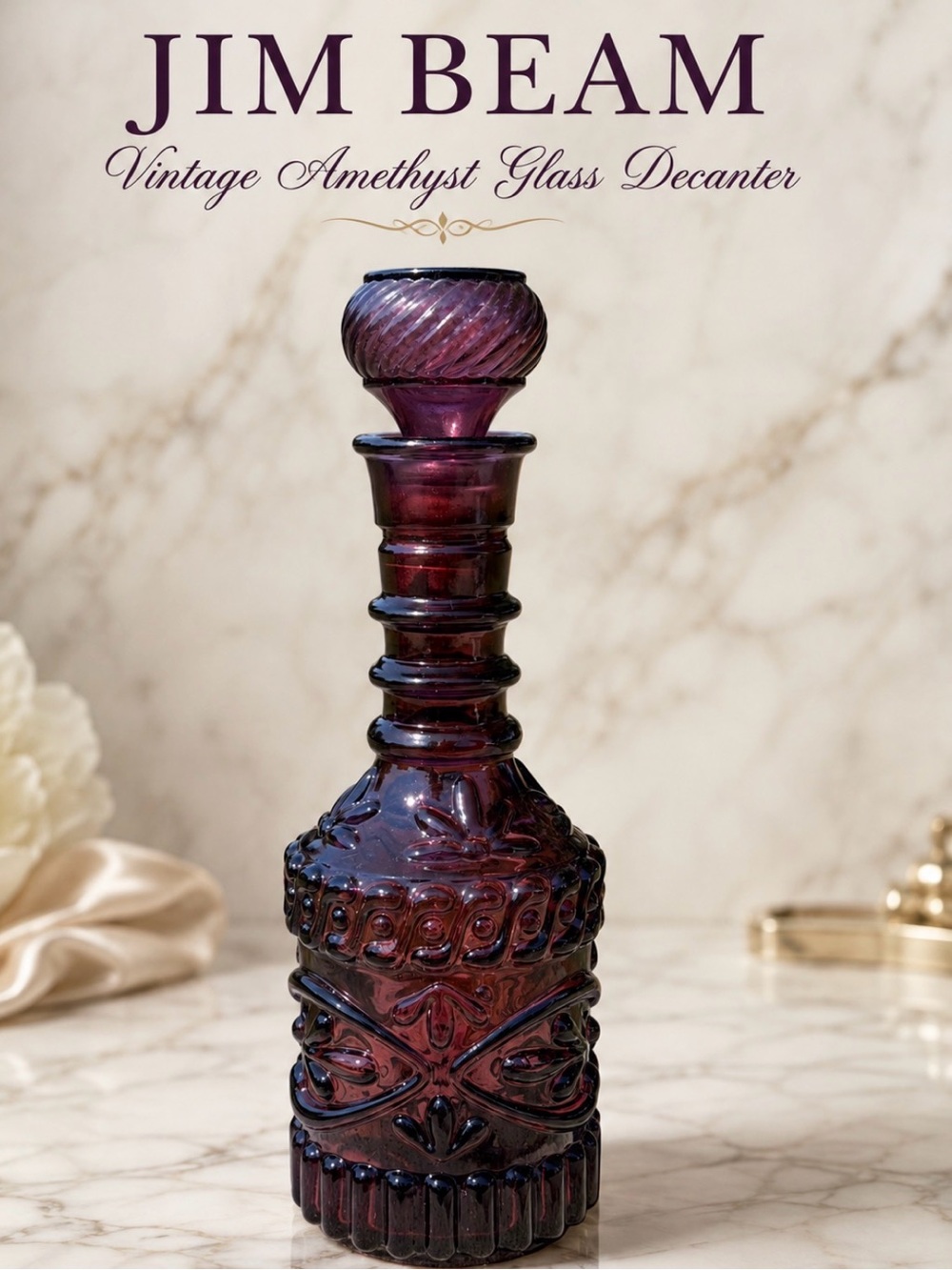 VINTAGE 1967 JIM BEAM AMETHYST PURPLE GLASS DECANTER WITH STOPPER. G23